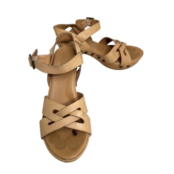 Kork-Ease Womens Leather Strappy Sandals Size 7 Tan Wedge Heel & Buckle - Picture 2 of 9